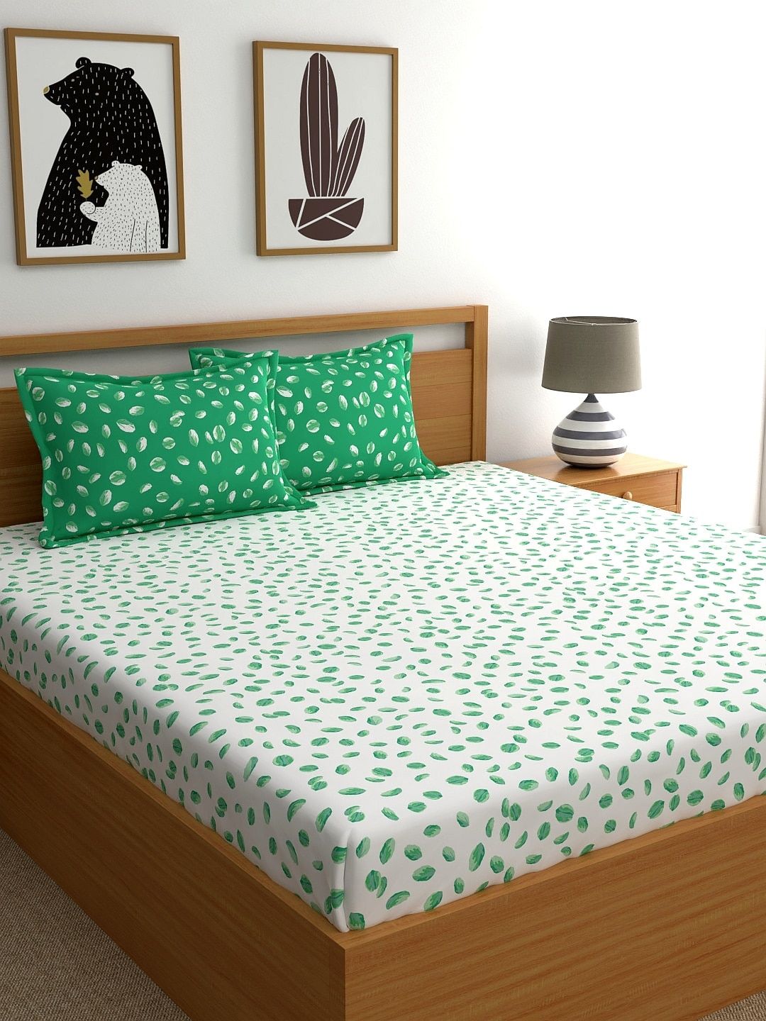 Dreamscape White & Green Abstract 180 TC Cotton 1 Queen Bedsheet with 2 Pillow Covers Price in India