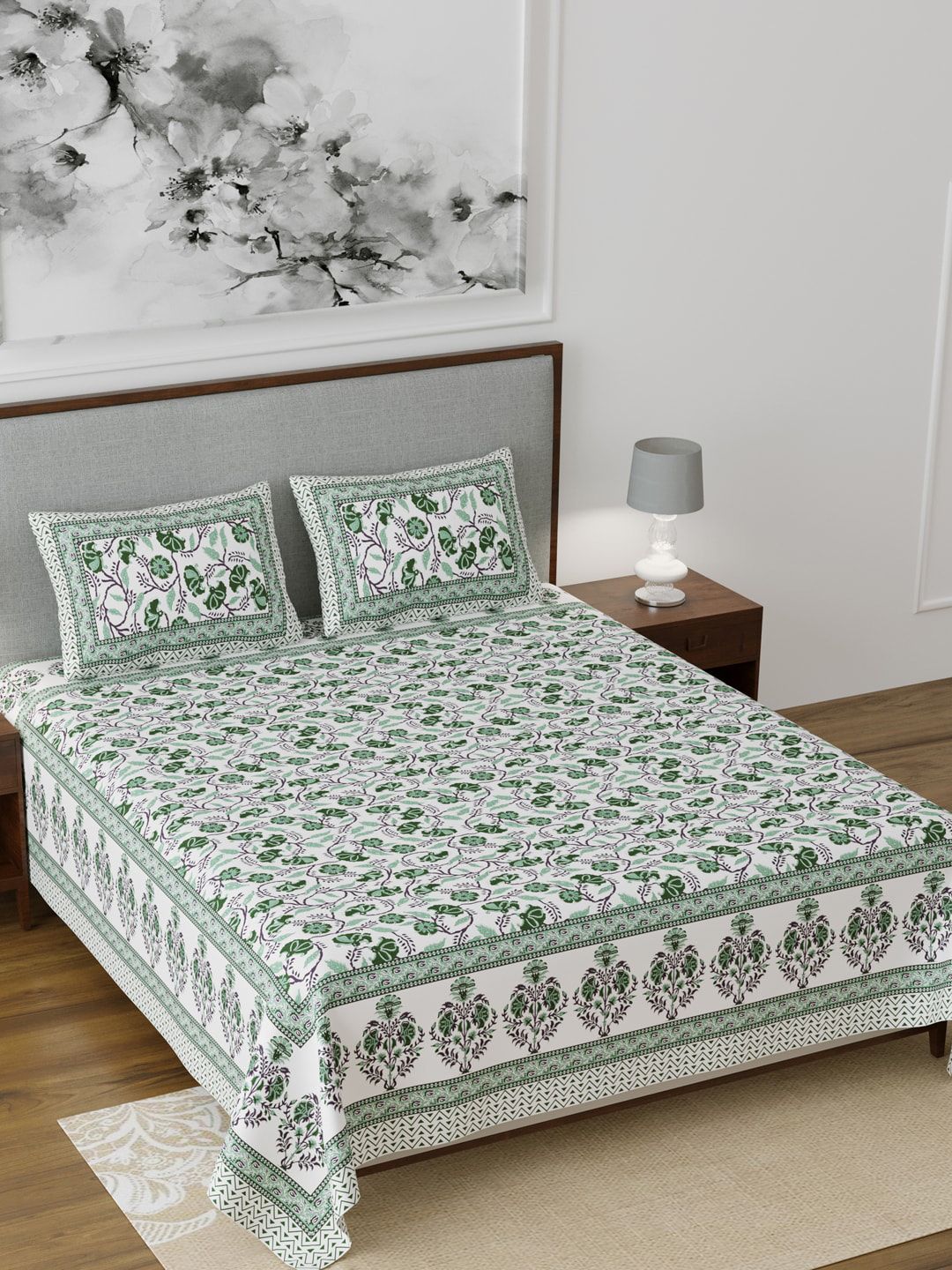 Salona Bichona White & Green Floral 120 TC Cotton 1 Extra Large Bedsheet with 2 Pillow Covers Price in India
