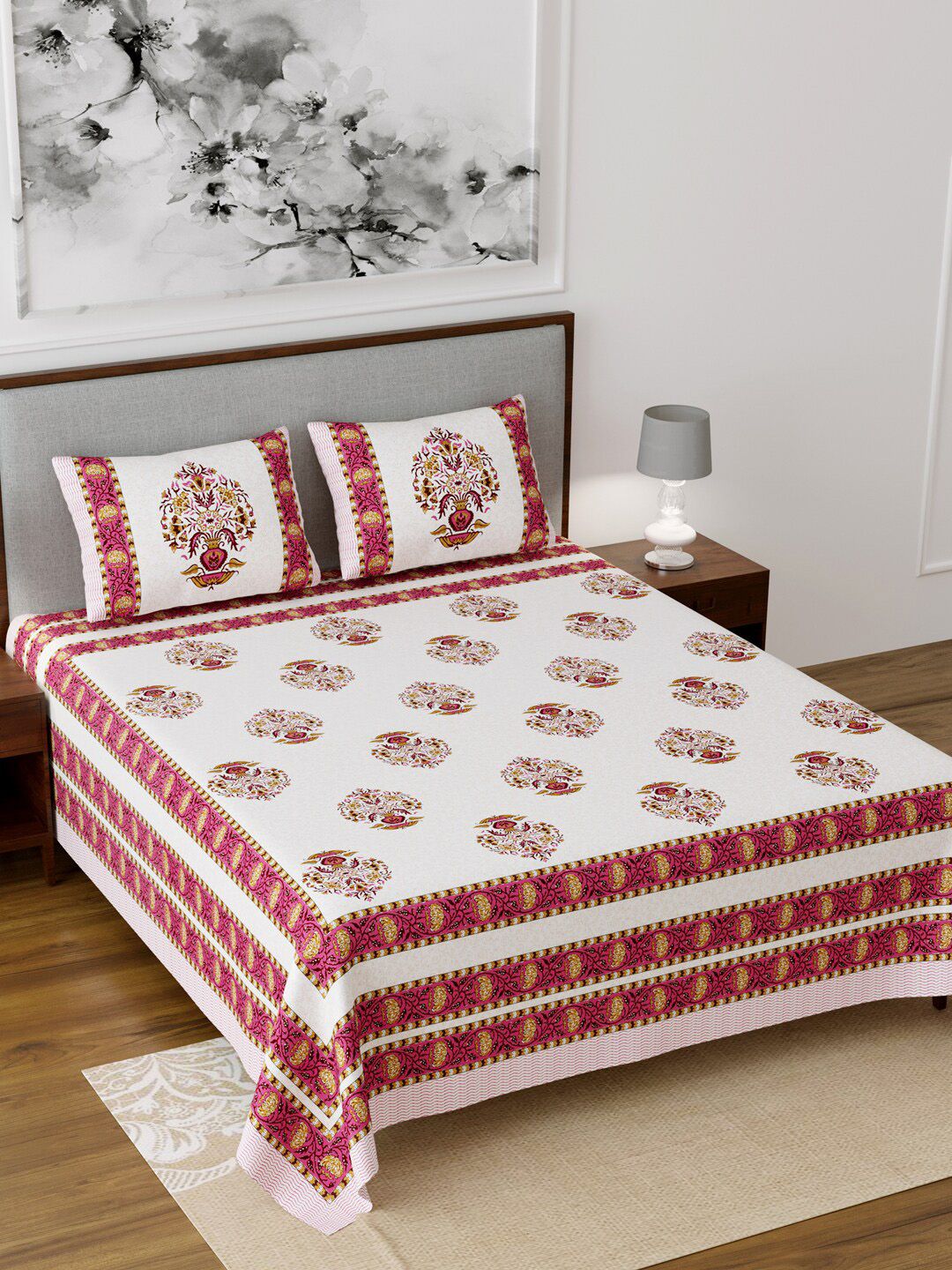 Salona Bichona White & Magenta Ethnic Motifs 120 TC Cotton 1 King Bedsheet with 2 Pillow Covers Price in India