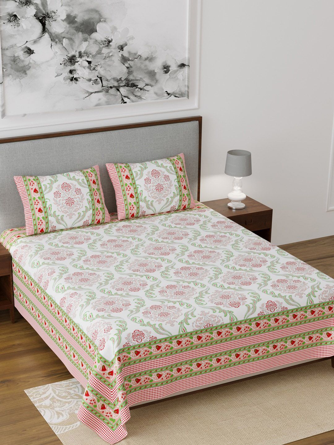 Salona Bichona White & Green Ethnic Motifs 120 TC Cotton 1 King Bedsheet with 2 Pillow Covers Price in India