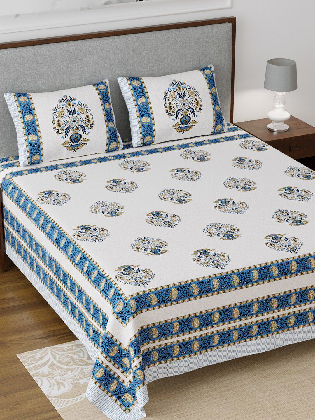 Salona Bichona White & Blue Ethnic Motifs 120 TC Cotton 1 King Bedsheet with 2 Pillow Covers Price in India