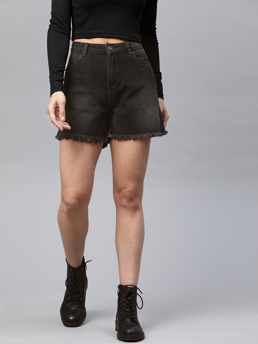 Roadster Women Charcoal Grey Loose Fit High-Rise Denim Shorts Price in India