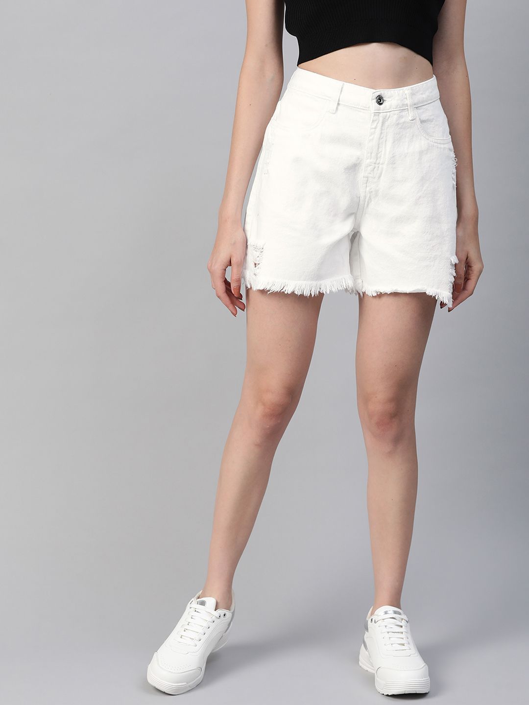 Roadster Women White Loose Fit Mid-Rise Denim Shorts Price in India
