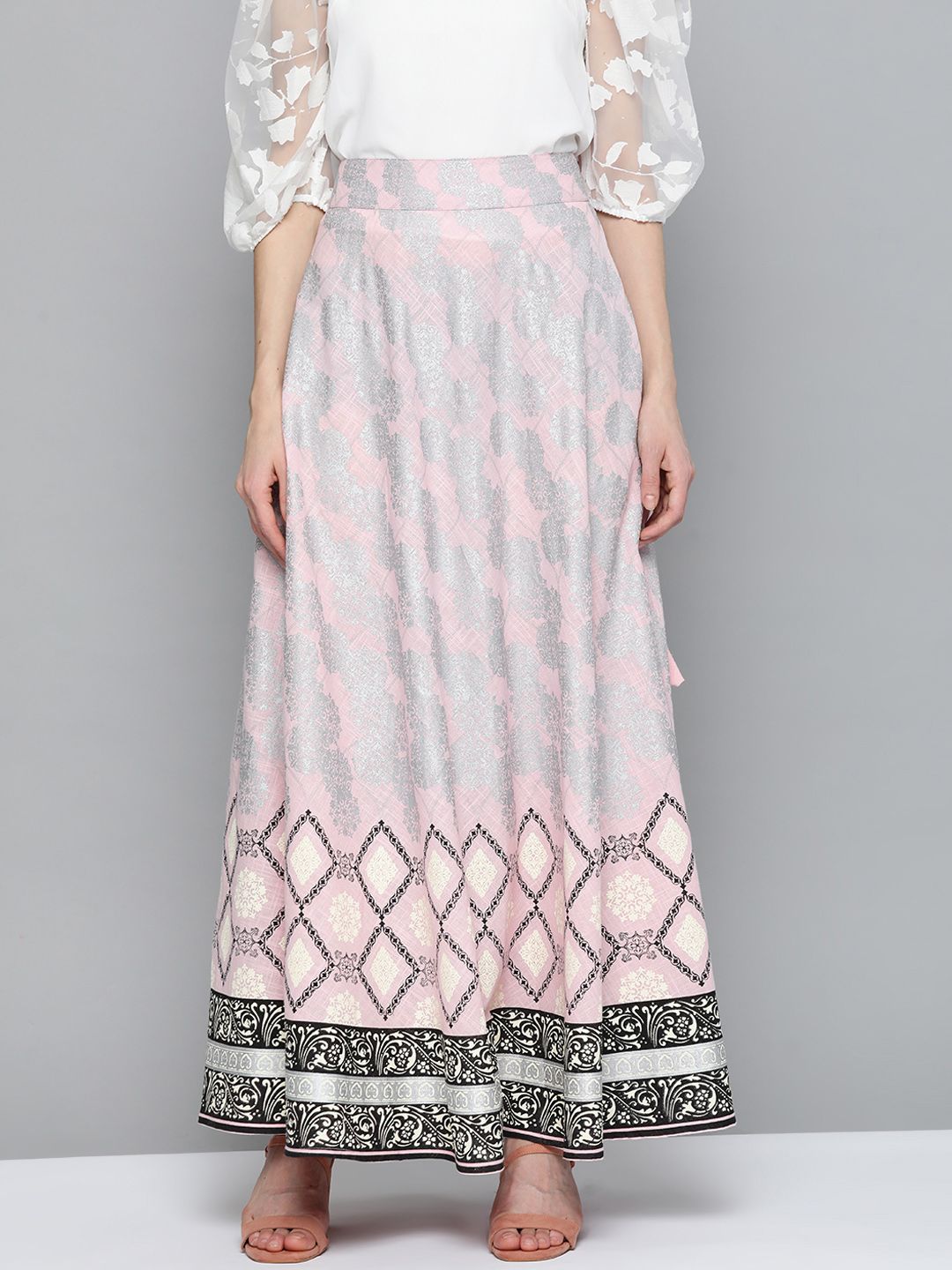 HERE&NOW Women Pink & Silver Ethnic Motifs Print Maxi Flared Cotton Skirt