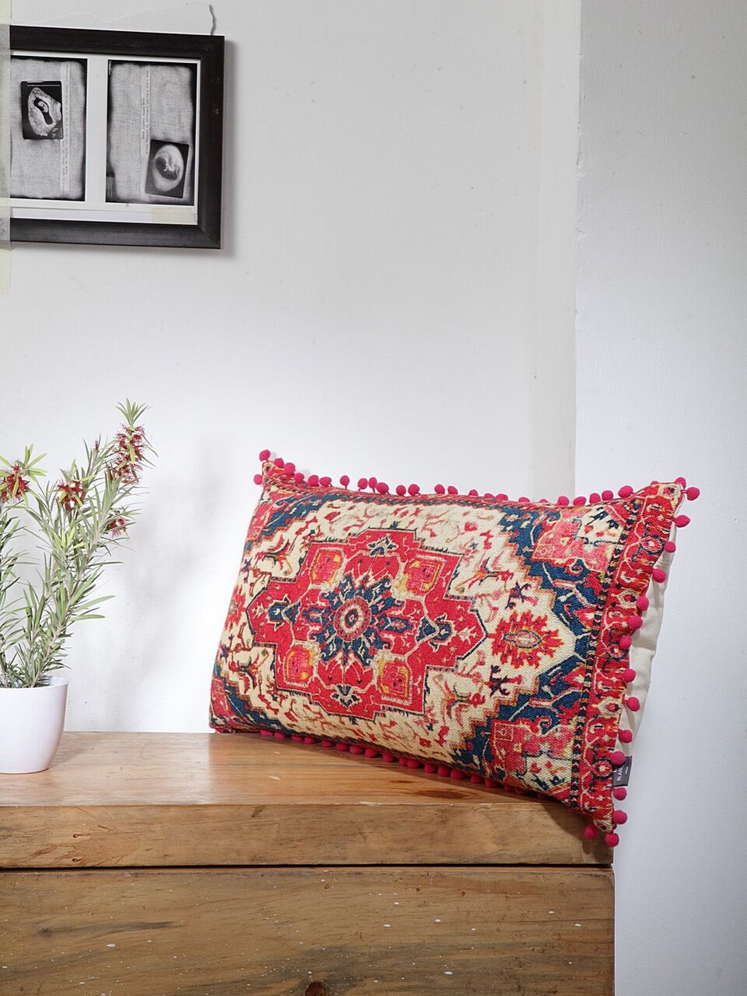 BLANC9 Blue & Red Printed Pom-Pom Trim Rectangular Cushion with Filling Price in India