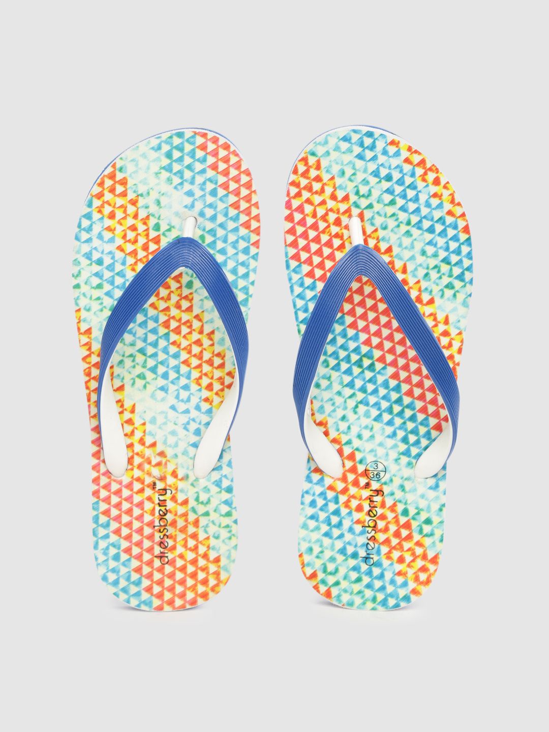 DressBerry Women Blue & Orange Geometric Print Thong Flip-Flops Price in India