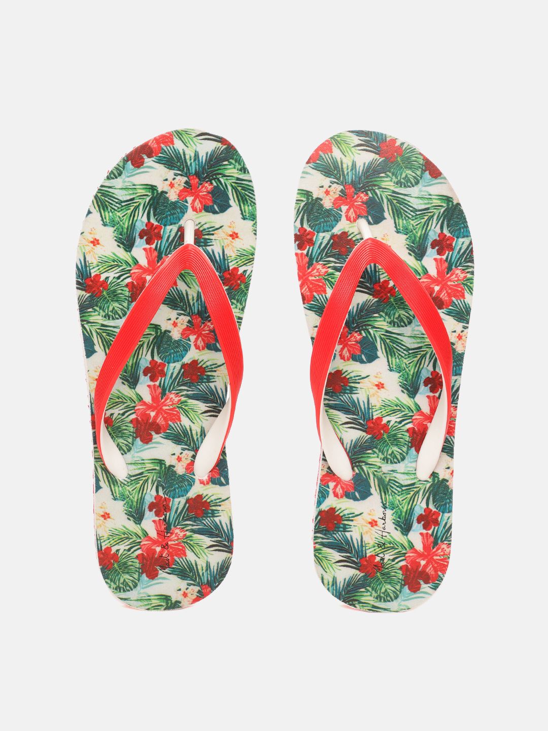 Mast & Harbour Women Red & Green Tropical Print Thong Flip-Flops