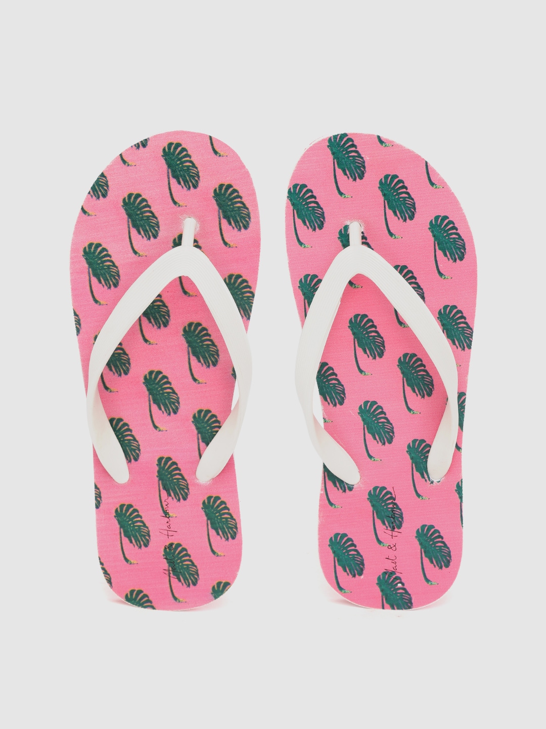 Mast & Harbour Women White & Pink Tropical Leaf Print Thong Flip-Flops Price in India