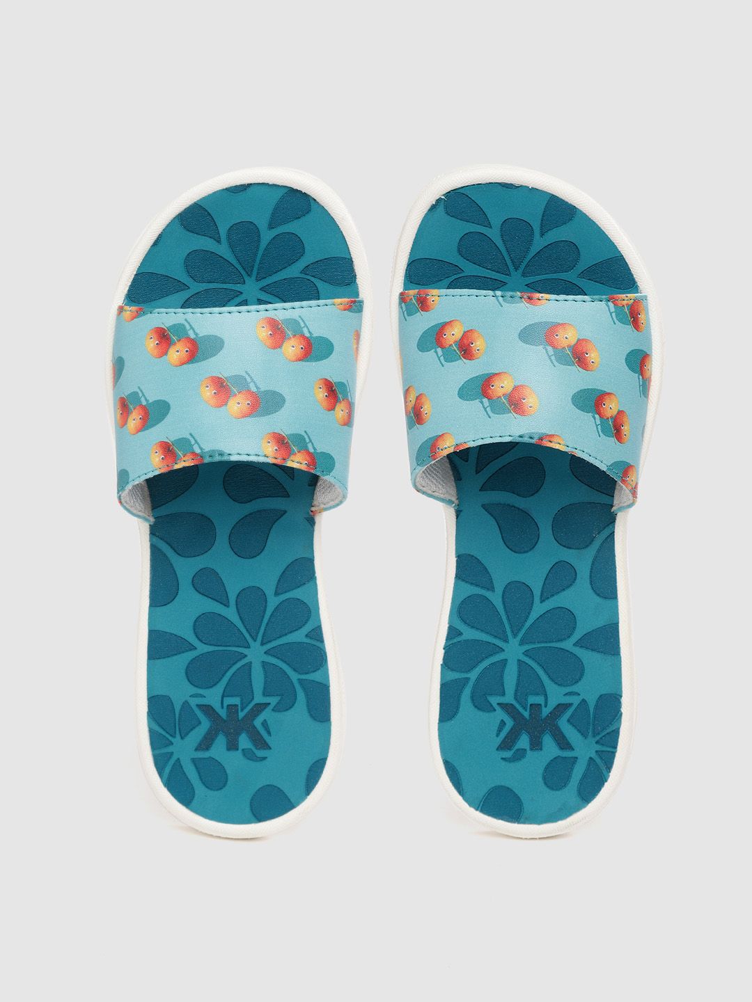 Kook N Keech Women Sea Green & Orange Printed Sliders Price in India