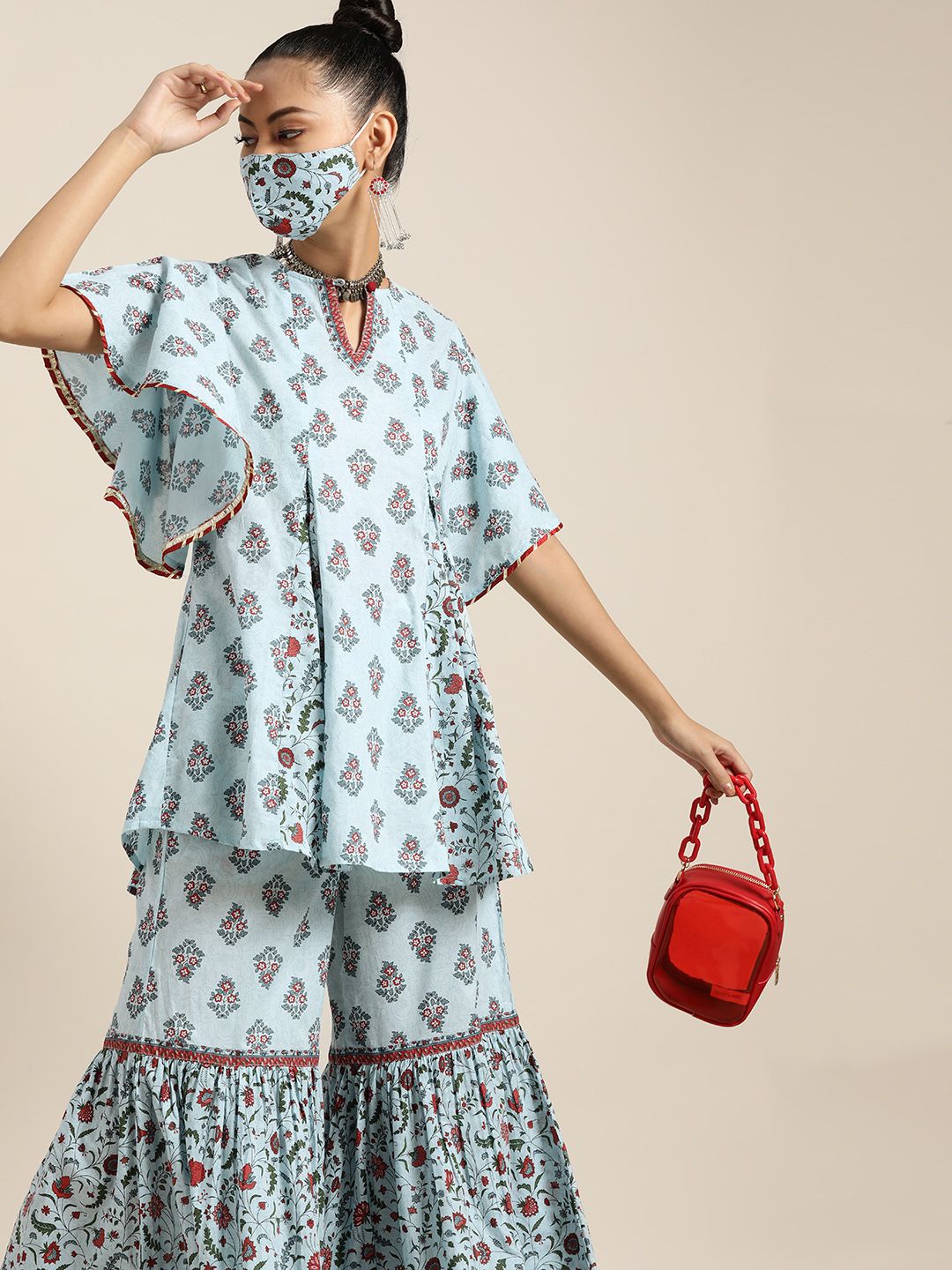 Juniper Women Blue Red Pure Cotton Printed Tunic with Sharara