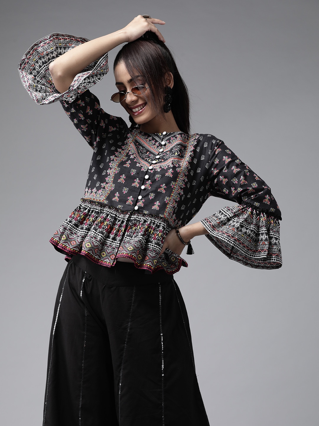 Juniper Women Black & Pink Pure Cotton Printed Top with Palazzos & Scrunchie Price in India