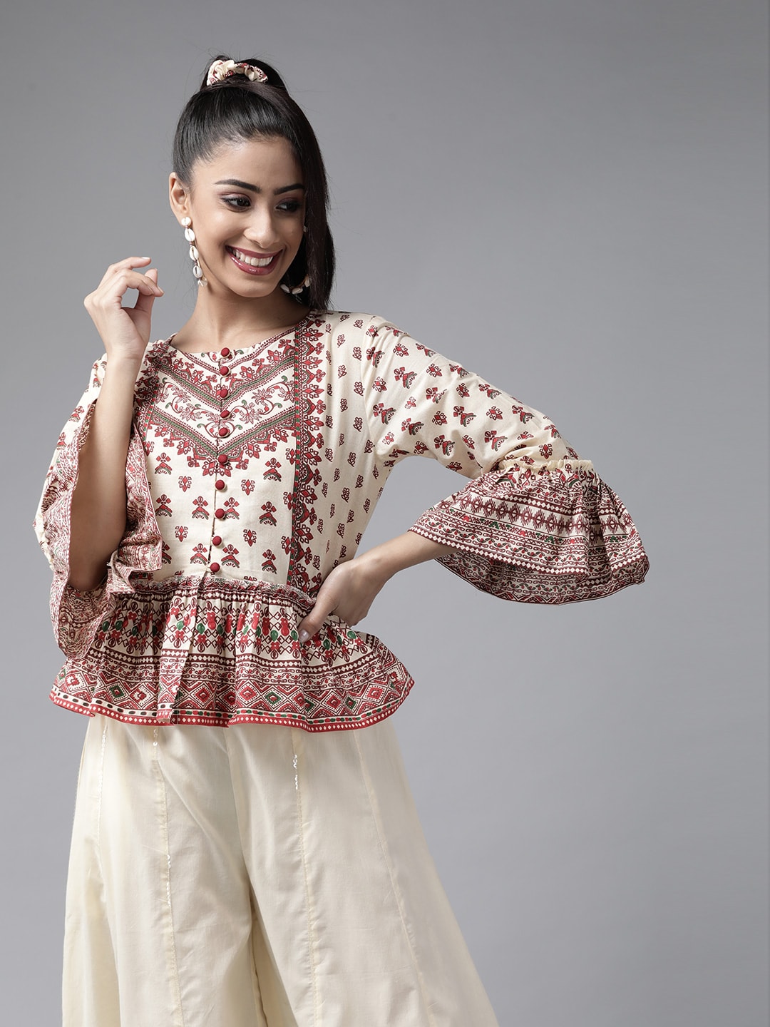 Juniper Women Cream-Coloured & Maroon Pure Cotton Printed Top with Palazzos & Scrunchie Price in India