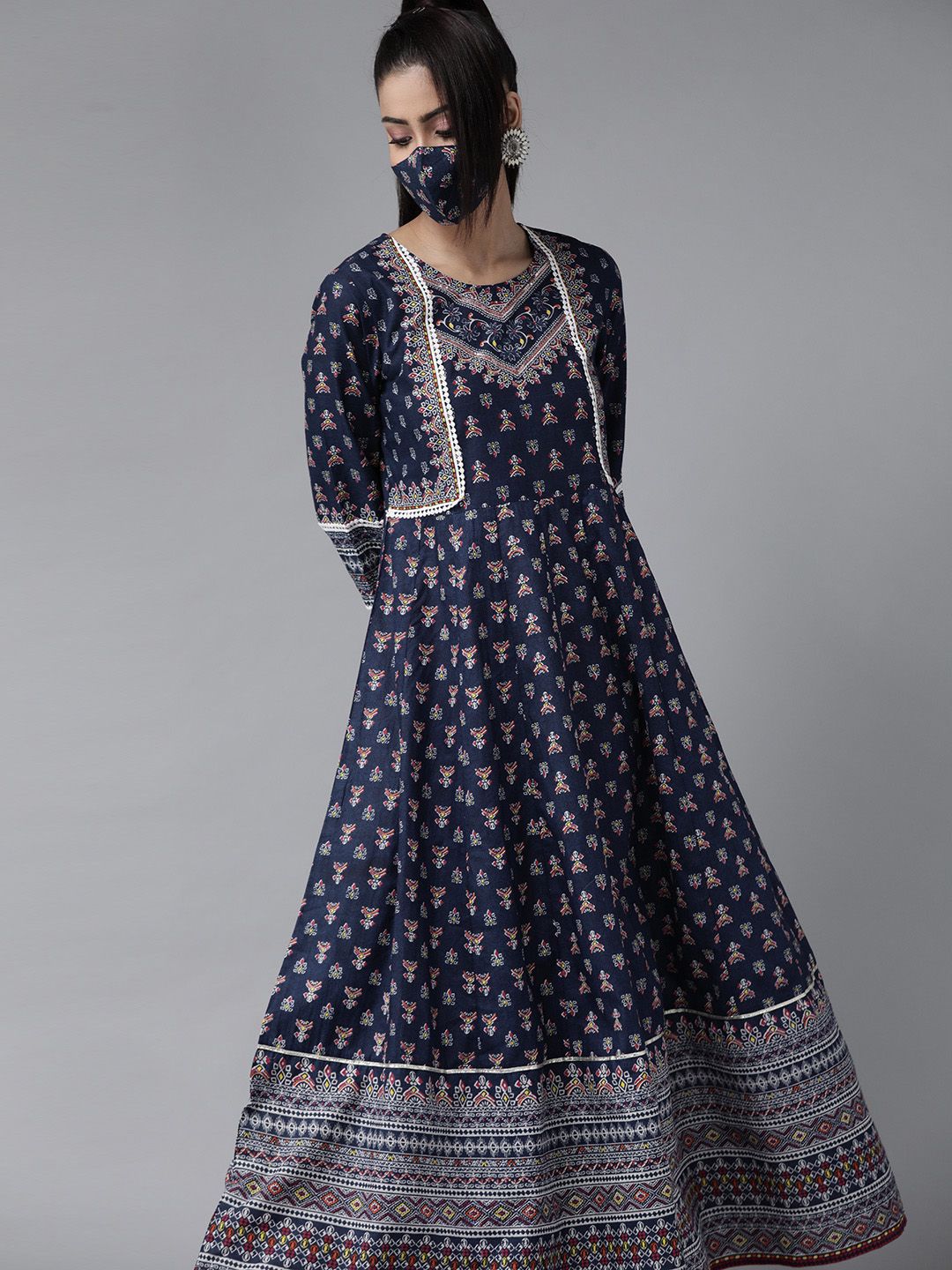 Juniper Women Navy Blue  Red Cotton Printed Maxi Dress Price in India
