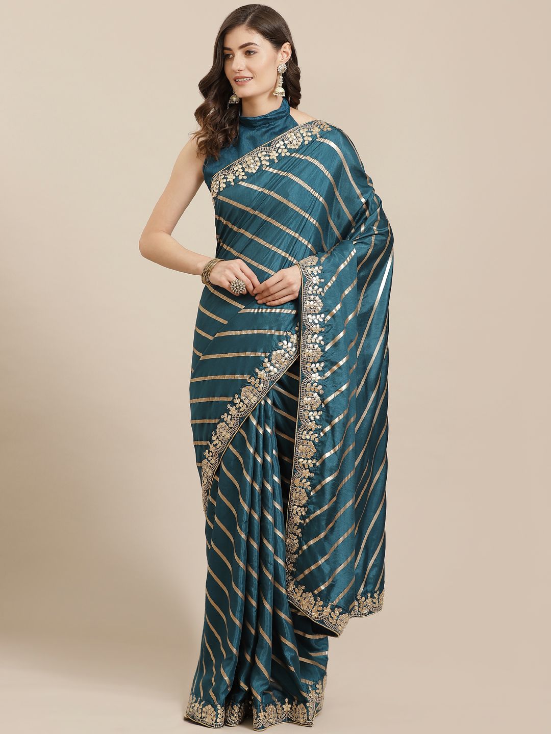 Kalista Teal Blue & Golden Striped Saree