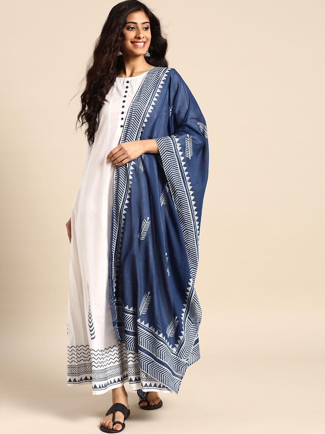 Varanga Women White Printed Maxi Dress With Dupatta