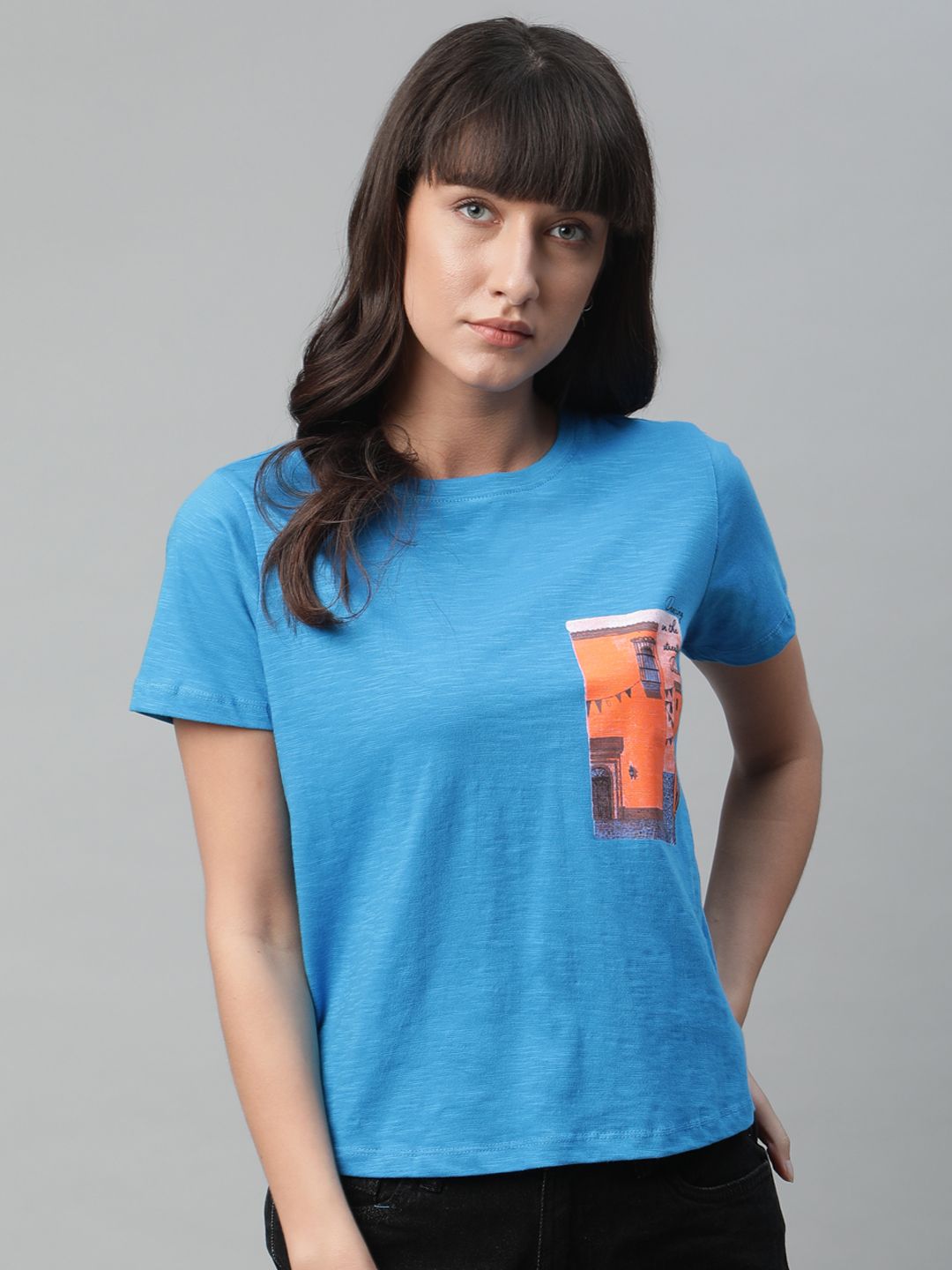 Mast & Harbour Women Blue & Orange Graphic Print Round Neck T-shirt