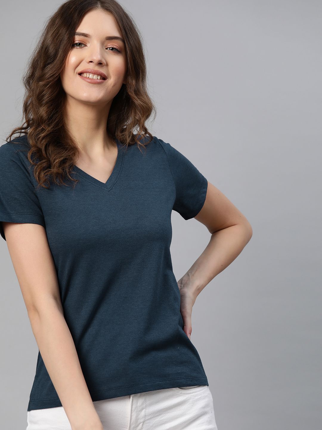 M&H Our Water Women Navy Blue Solid Sustainable V-Neck T-shirt