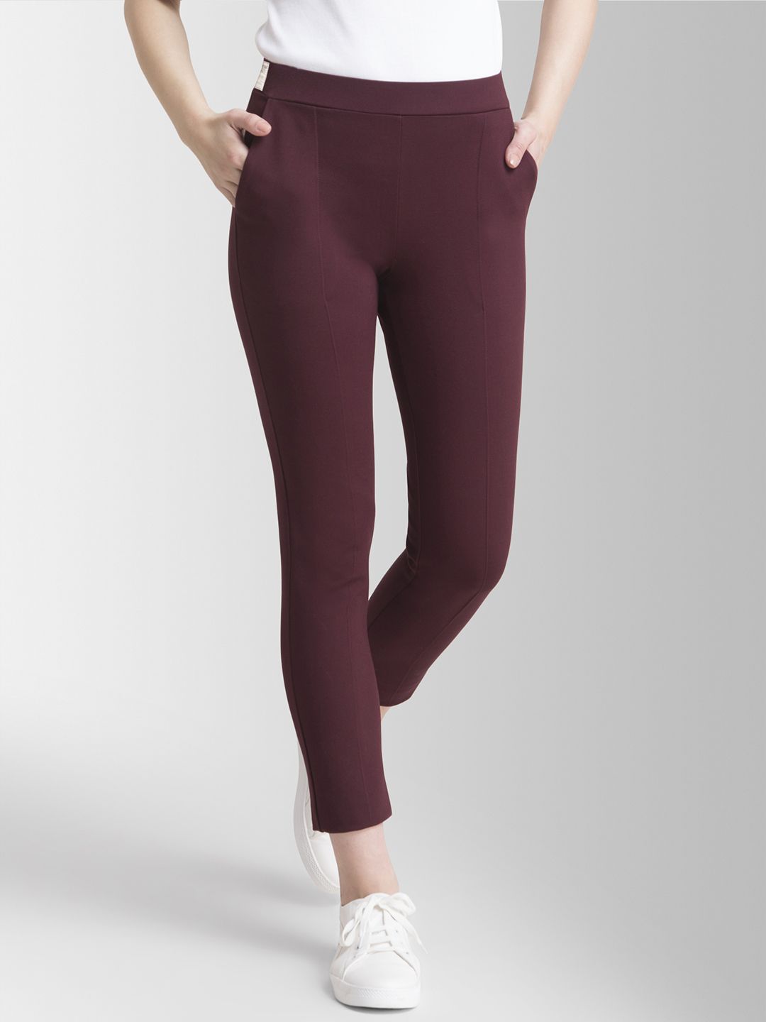 FableStreet Women Maroon Straight Fit Solid 4 Way Stretch Regular Trousers Price in India