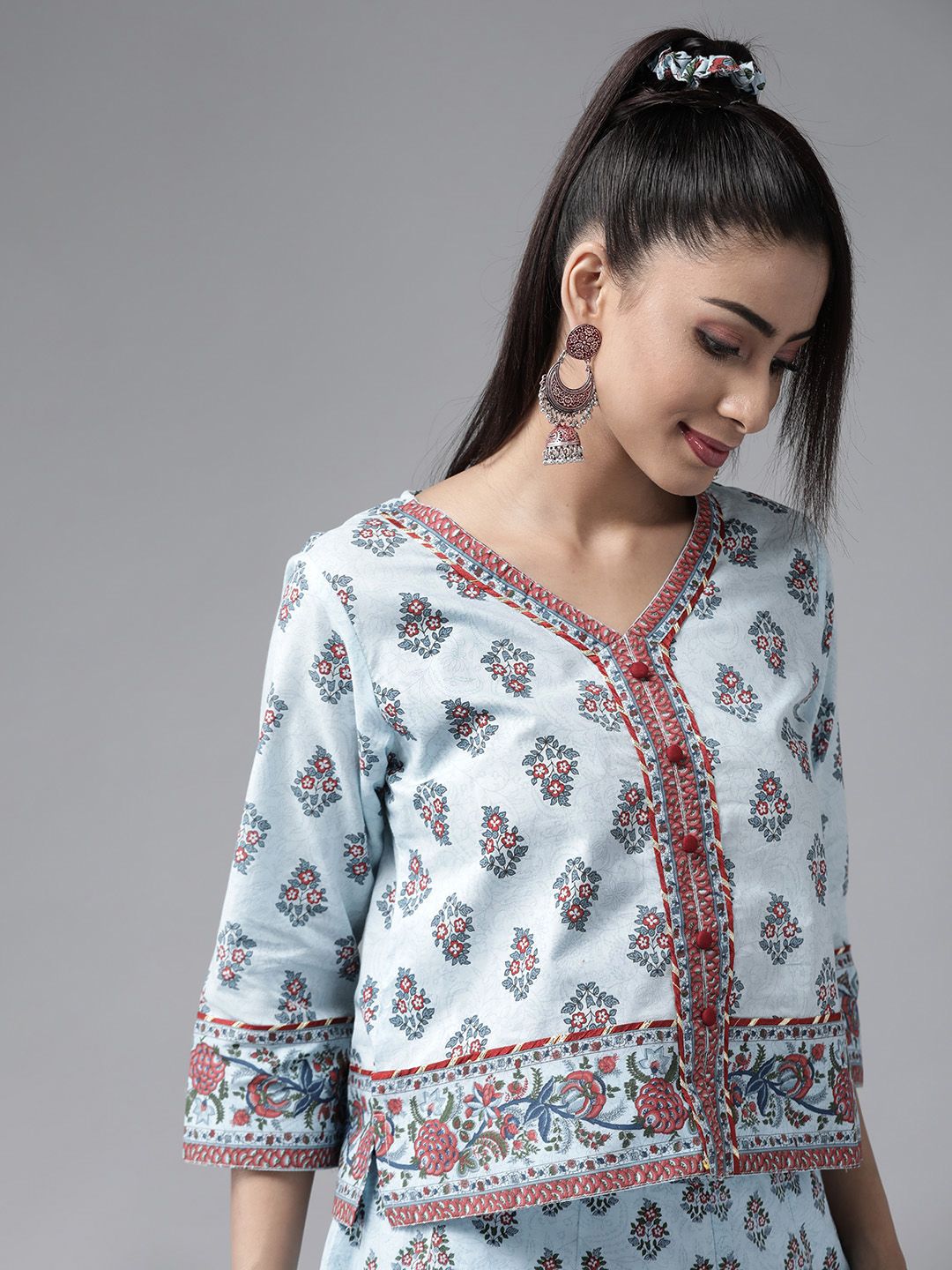 Juniper Women Blue & Red Cambric Cotton Ethnic Block Print Top with Skirt & Scrunchie Price in India