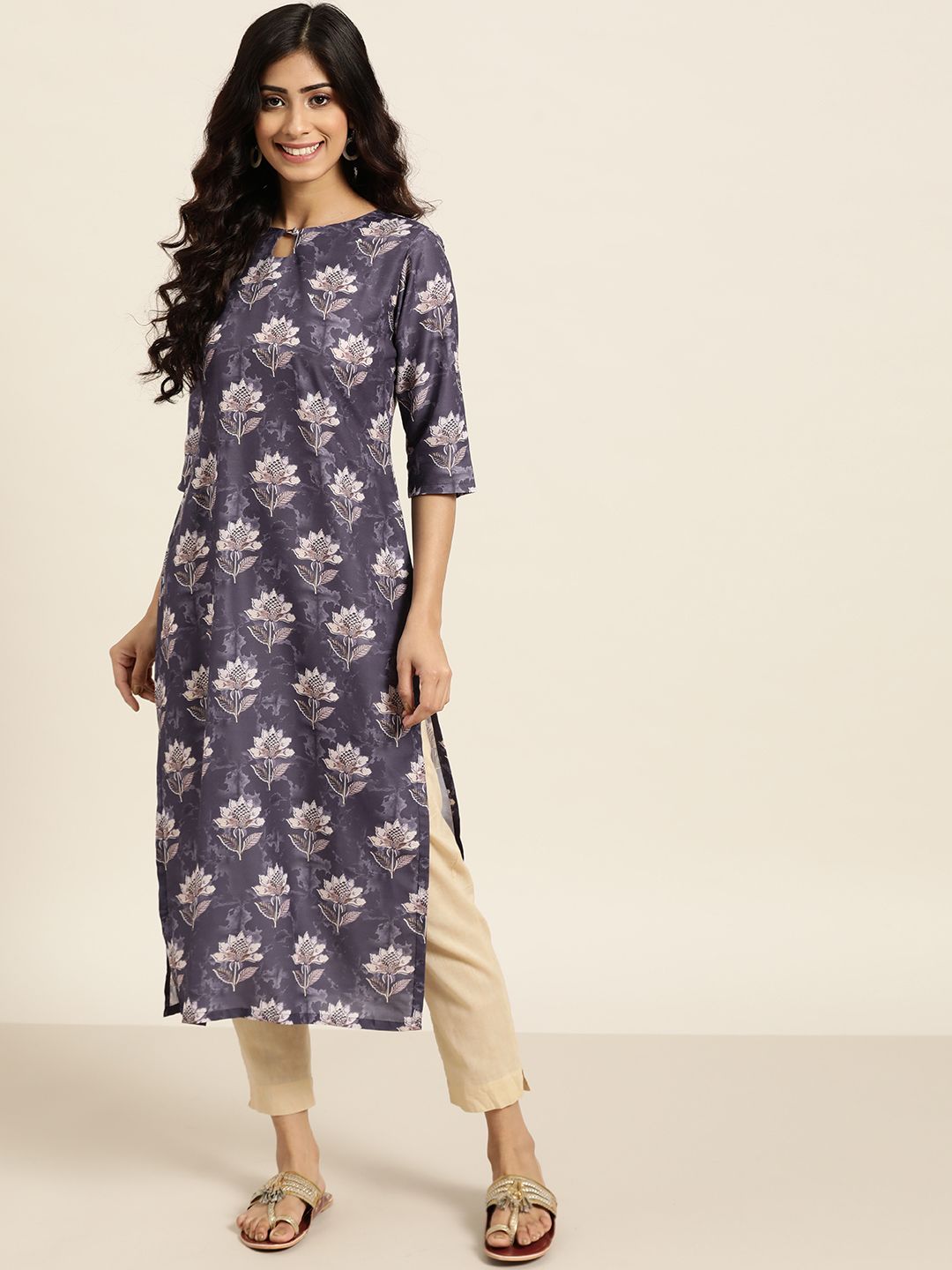 Sangria Women Navy Blue & White Ethnic Motifs Printed Keyhole Neck Kurta