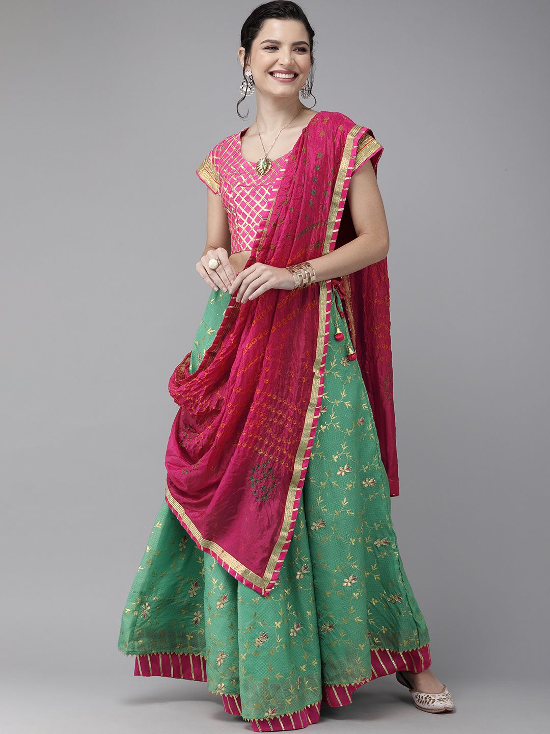 Geroo Jaipur Green & Pink Embroidered Ready to Wear Lehenga & Unstitched Blouse with Dupatta