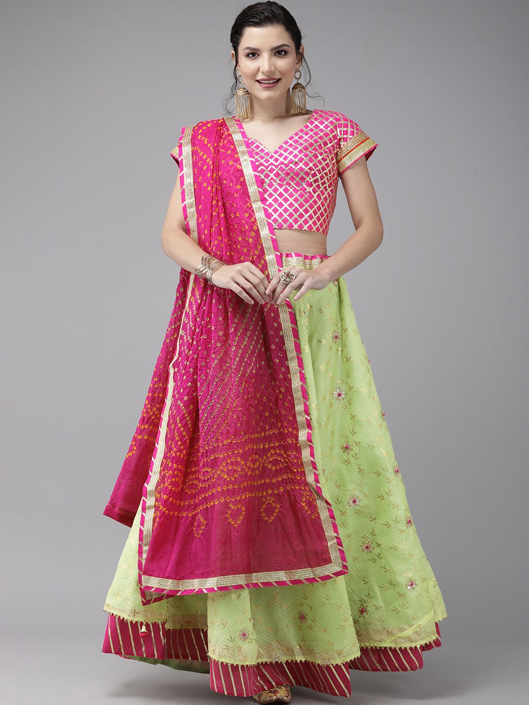 Geroo Jaipur Handcrafted Lime Green Stitched Kota Silk Sustainable Lehenga With Bandhani Dupatta Price in India