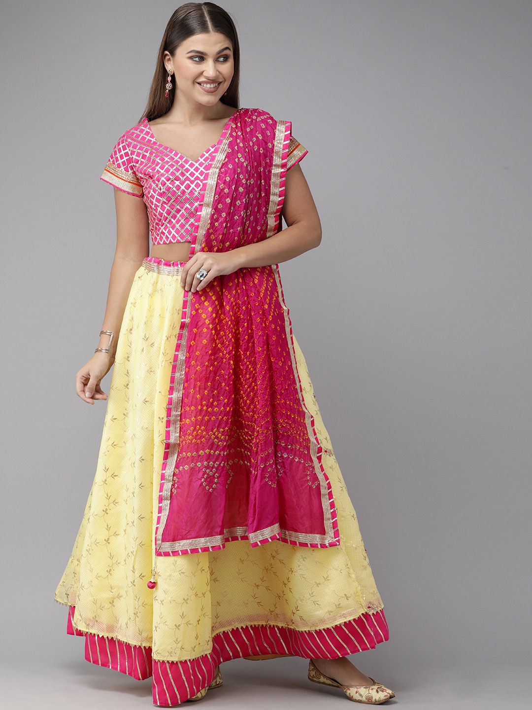 Geroo Jaipur Handcrafted Yellow Stitched Kota Silk Sustainable Lehenga With Bandhani Dupatta Price in India