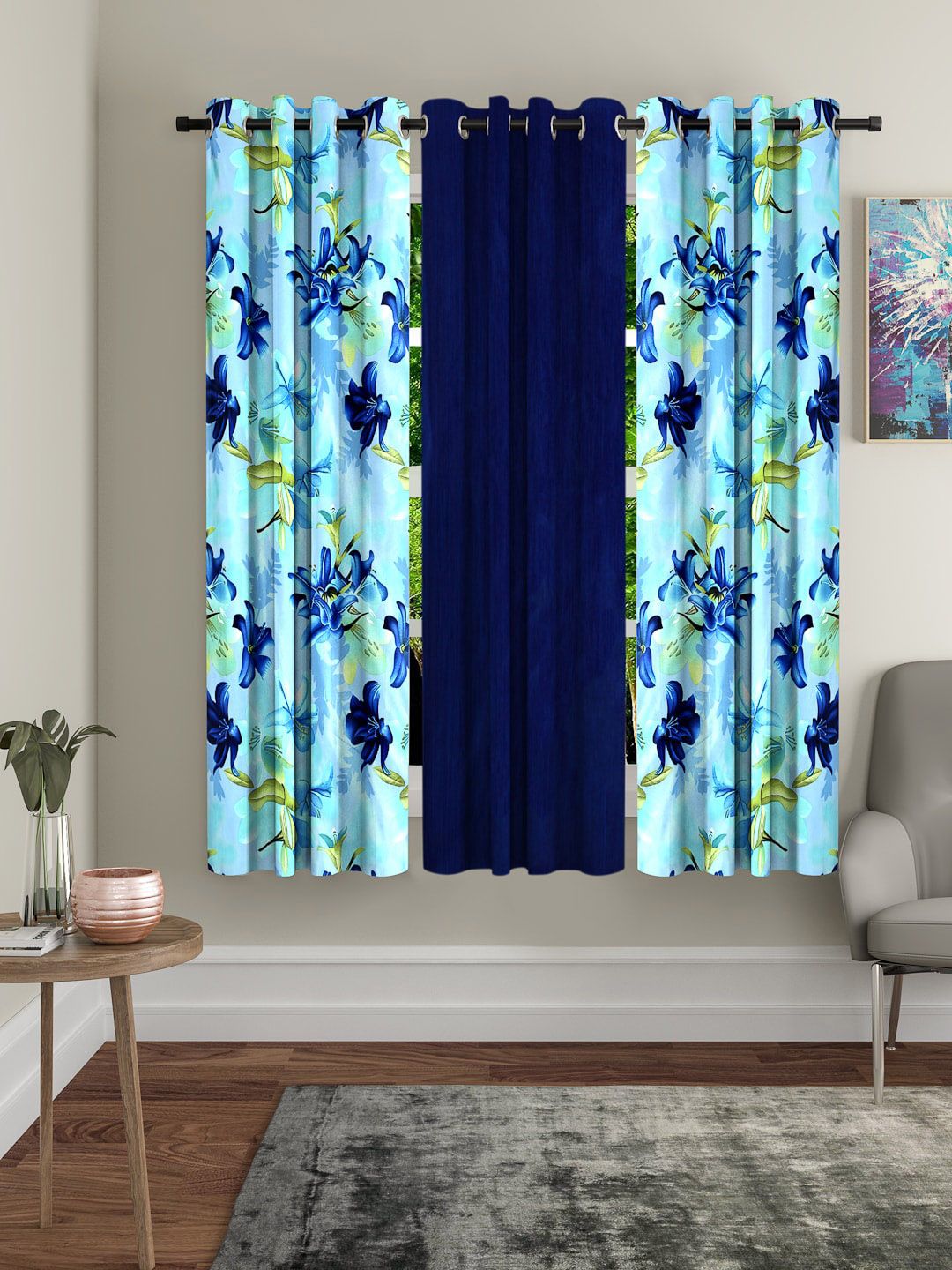 Home Sizzler Blue & Green Set of 3 Floral Printed Window Curtains Price in India