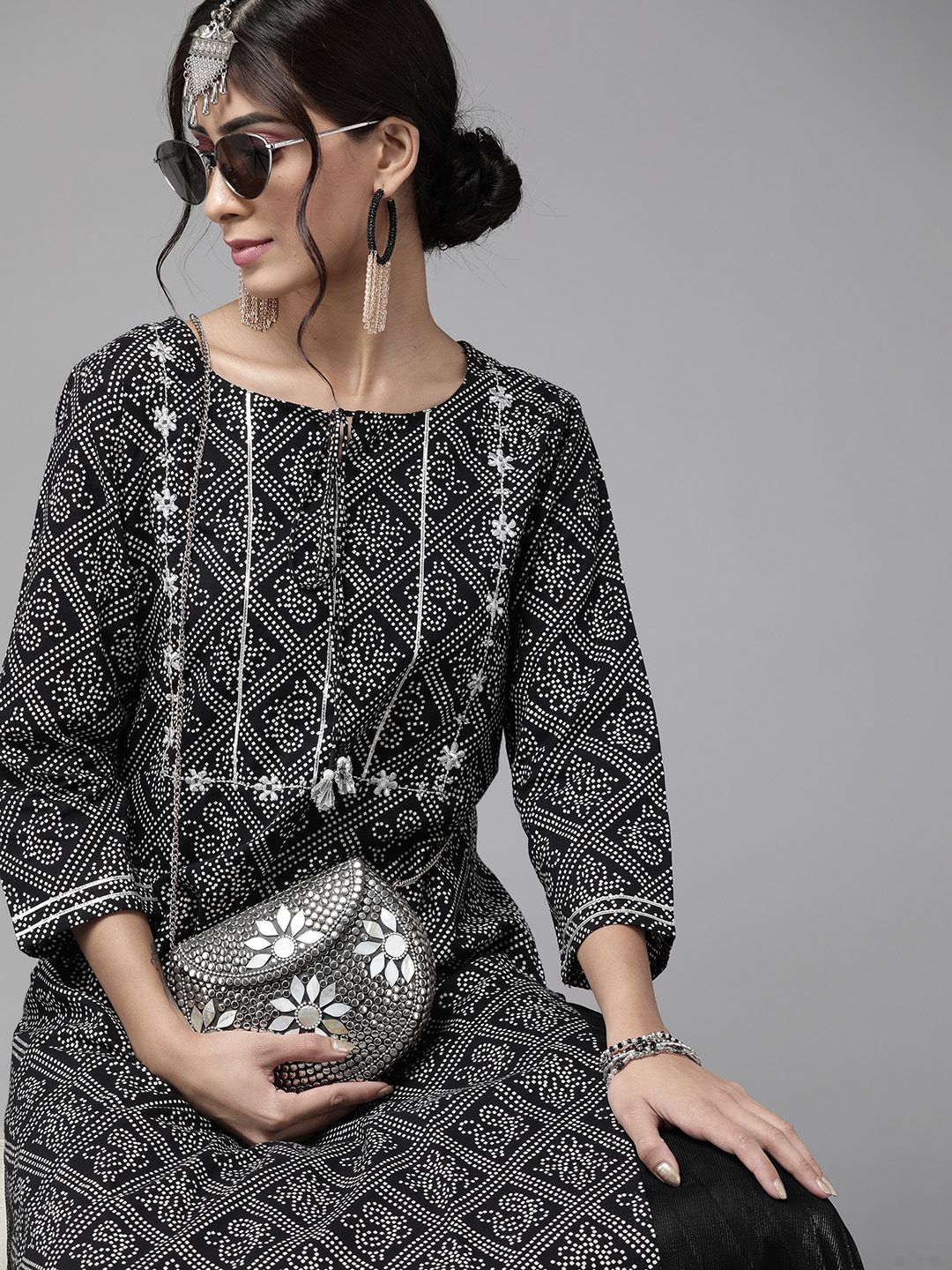 Varanga Classic Black and White Bandhani Print Cotton Kurta