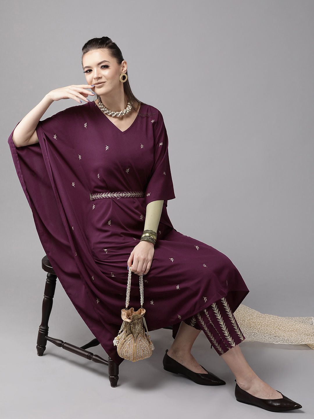 Ahalyaa Women Burgundy & Golden Printed Kurta with Trousers Price in India