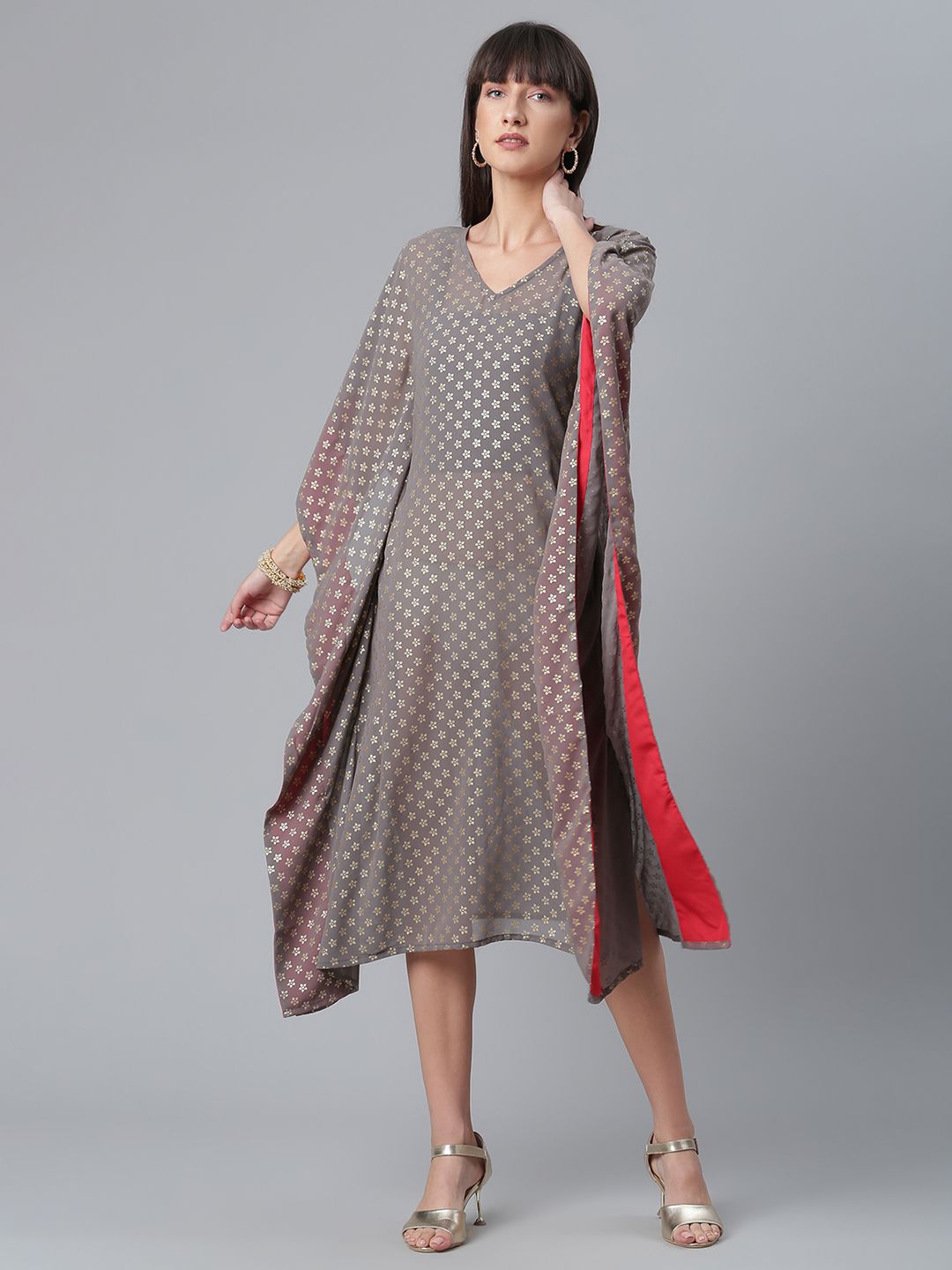 Ahalyaa Women Grey & Golden Ethnic Motifs Printed Flared Sleeves Kaftan Kurta Price in India