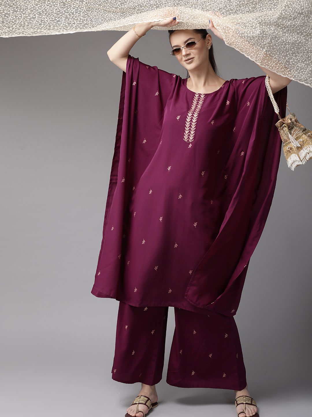 Ahalyaa Women Burgundy & Golden Printed Kurta with Palazzos