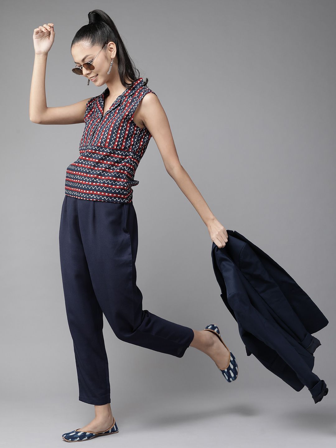 Indo Era Women Navy Blue & Maroon Printed Top with Trousers Price in India