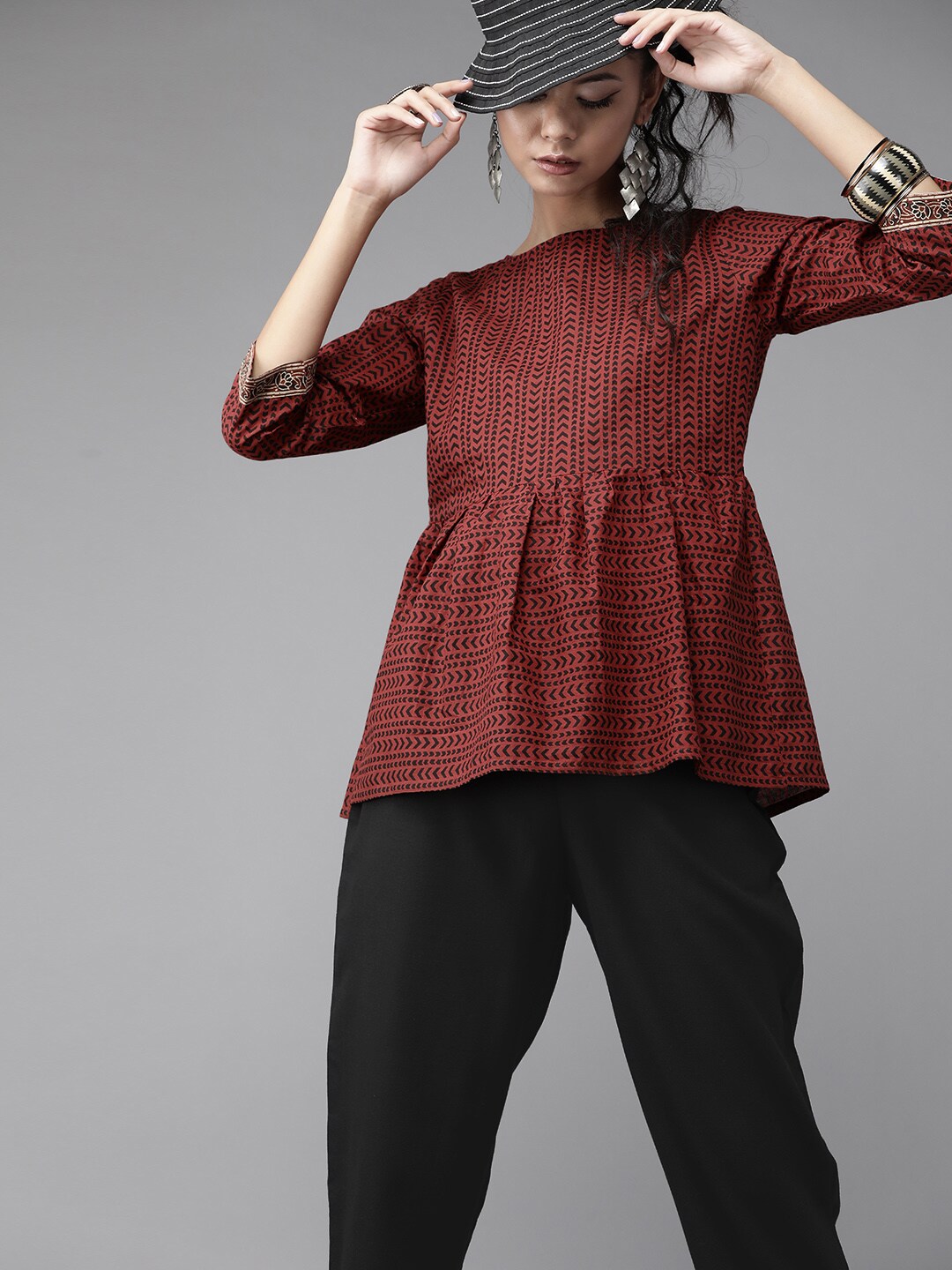 Indo Era Women Maroon & Black Geometric Print Pure Cotton A-line Top with Solid Trousers Price in India