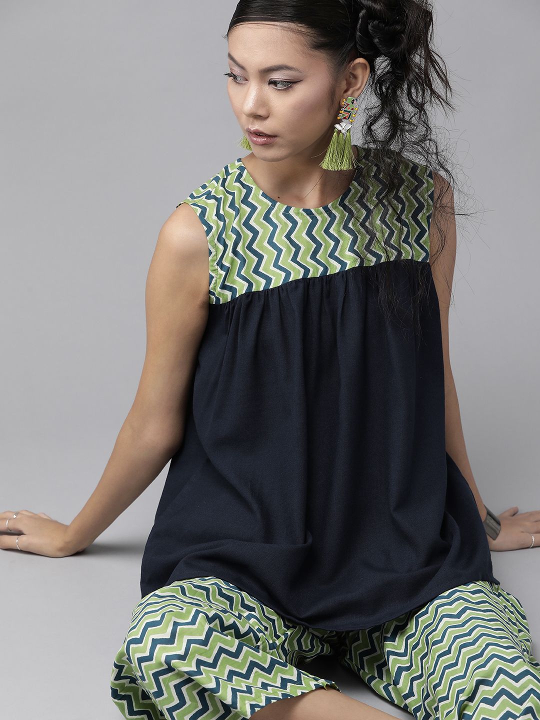 Indo Era Women Navy Blue & Green Chevron Print Pure Cotton Top with Trousers Price in India