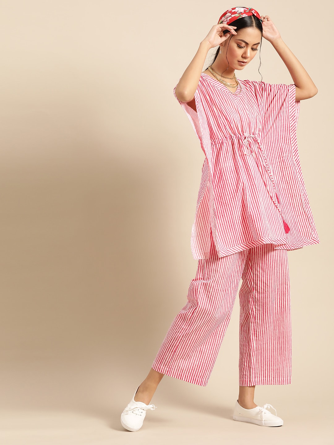 Varanga Women Pink & White Pure Cotton Striped Tunic with Palazzos Price in India