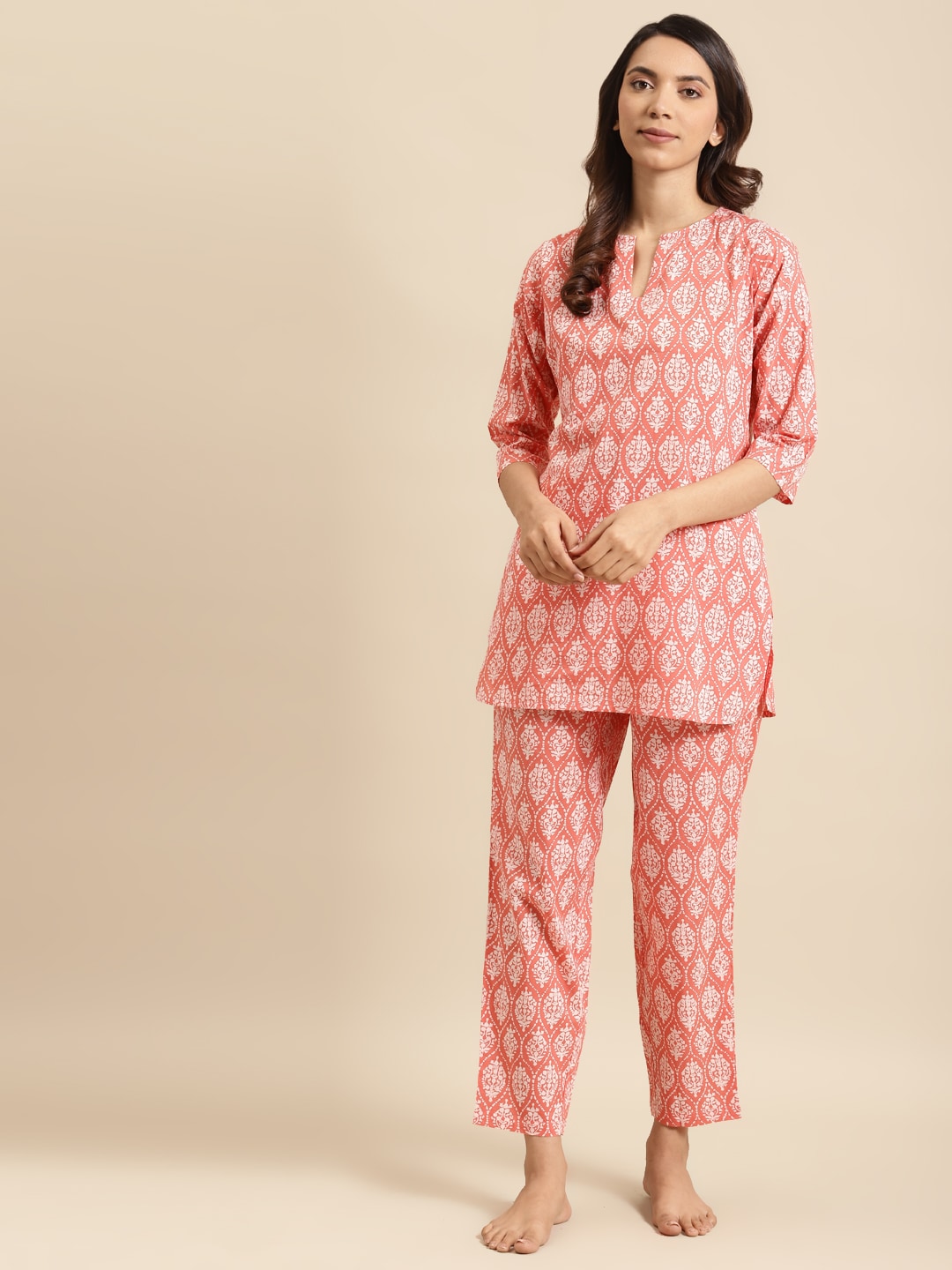 Nayo Women Peach-Coloured & White Pure Cotton Printed Night Suit Price in India