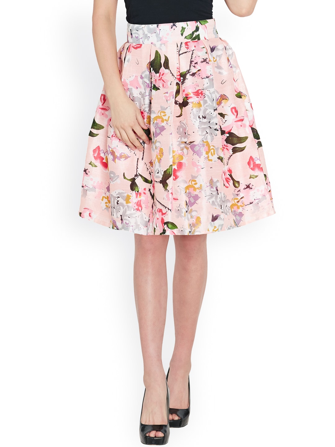 SASSAFRAS Pink Floral Print Silk A-Line Skirt Price in India