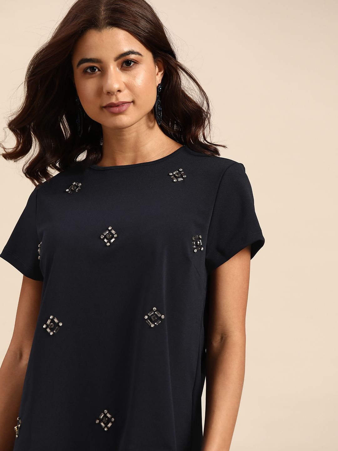 all about you Navy Blue Embellished Regular Top Price in India