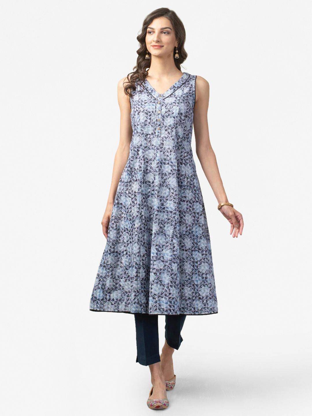 Fabindia Women Off White & Black Geometric Printed Kurta