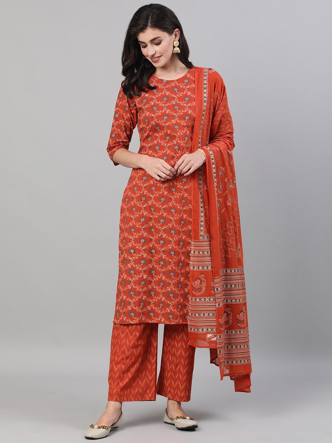 Nayo Women Rust Printed Kurta with Trousers & Dupatta Price in India