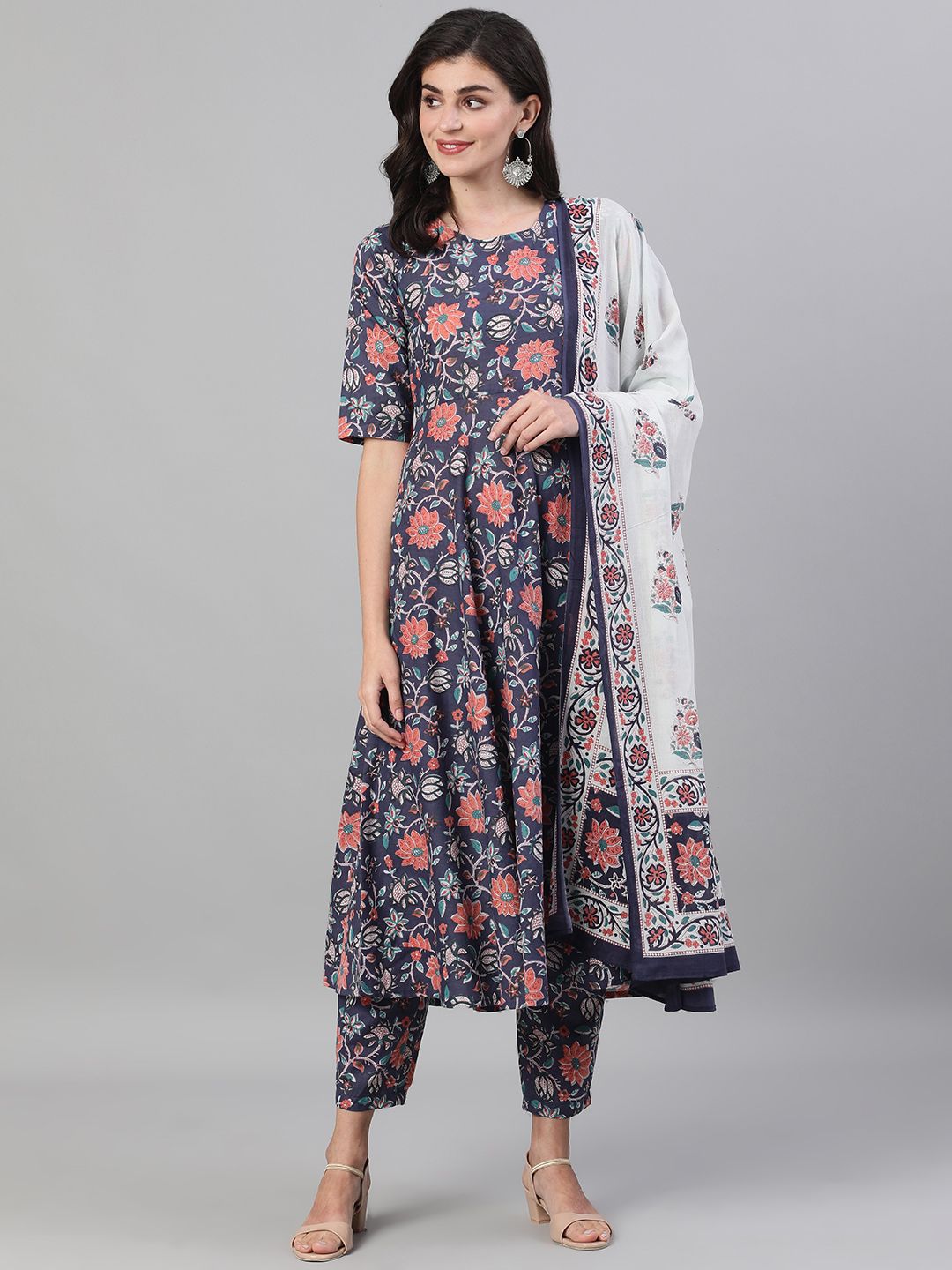 Nayo Women Blue Floral Printed Kurta with Trousers & Dupatta Price in India