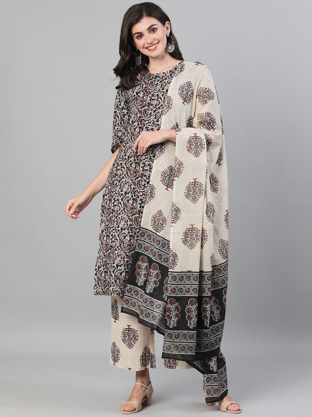 Nayo Women Black  Beige Printed Kurta with Palazzos  Dupatta Price in India