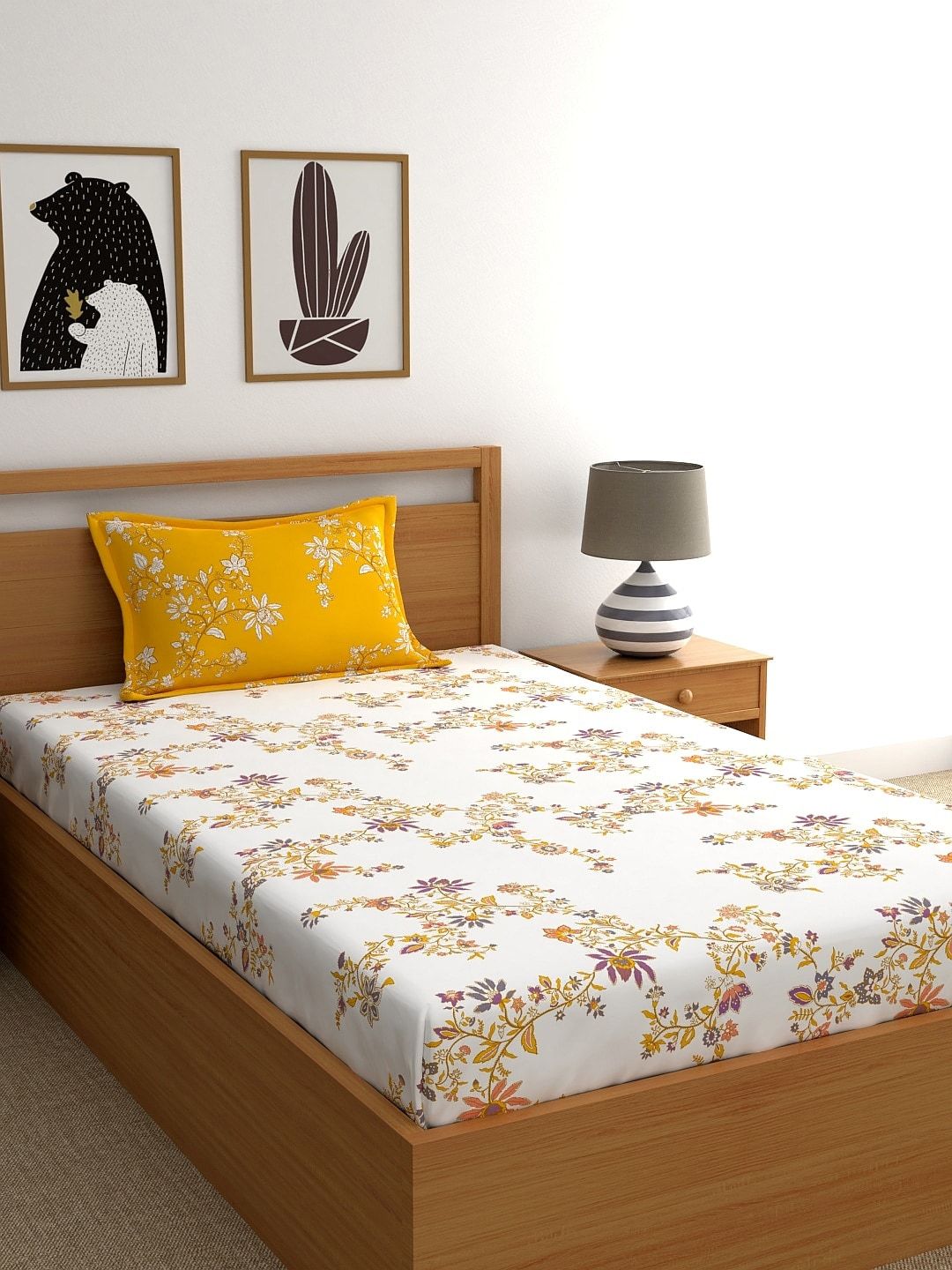 Home Ecstasy White & Yellow Floral 140 TC Cotton 1 Single Bedsheet with 1 Pillow Covers Price in India