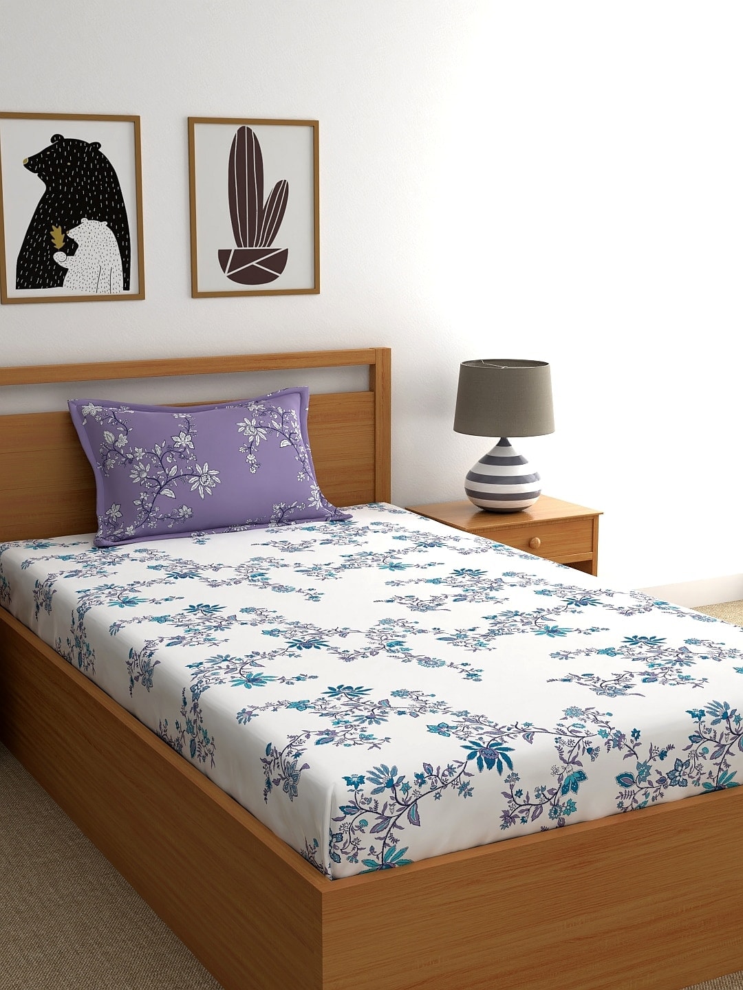 Home Ecstasy White & Blue Floral 140 TC Cotton 1 Single Bedsheet with 1 Pillow Covers Price in India
