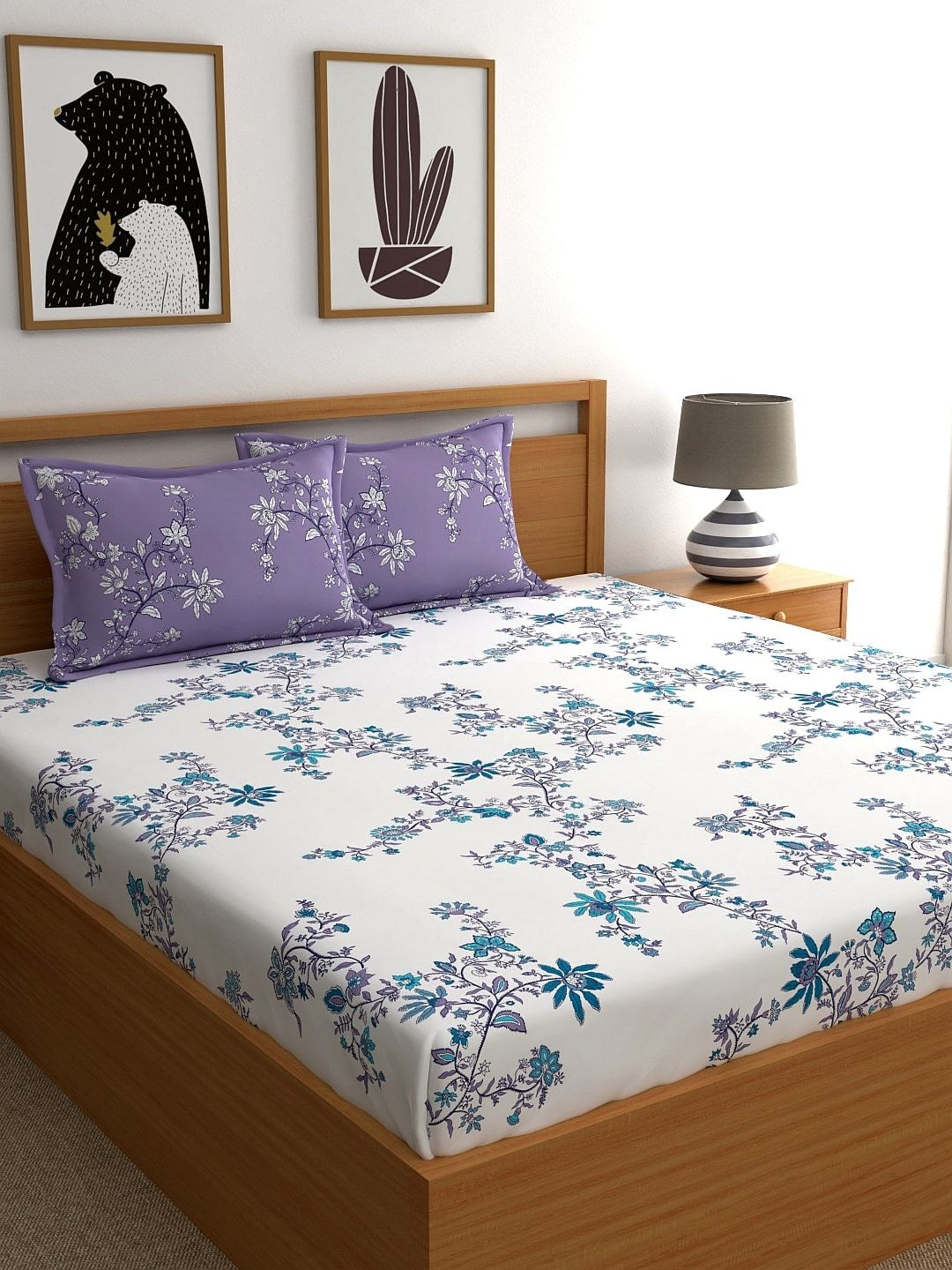 Home Ecstasy White & Purple Floral 140 TC Cotton 1 King Bedsheet with 2 Pillow Covers Price in India