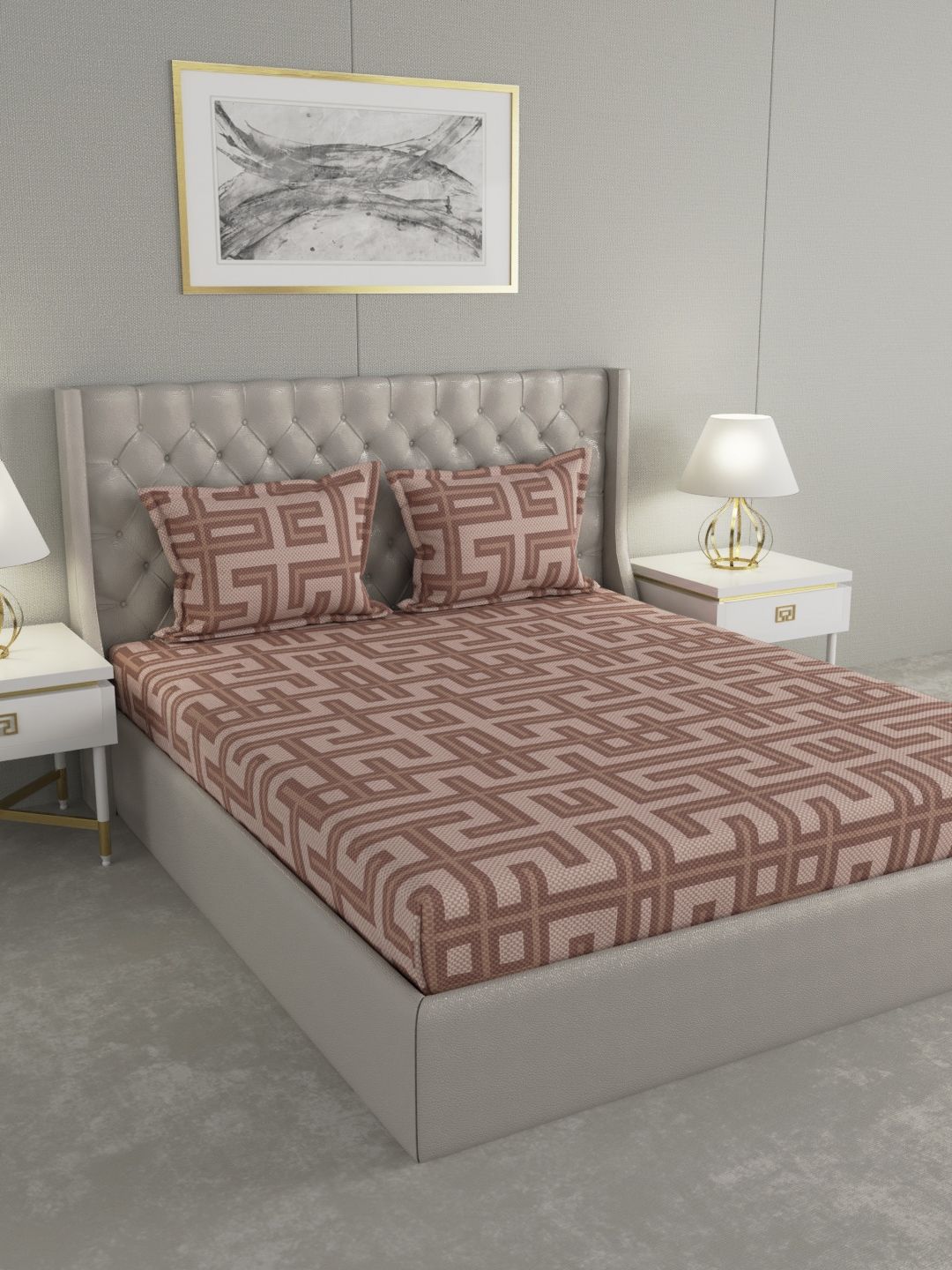 Raymond Home Brown & Beige Geometric 120 TC Cotton 1 Queen Bedsheet with 2 Pillow Covers Price in India