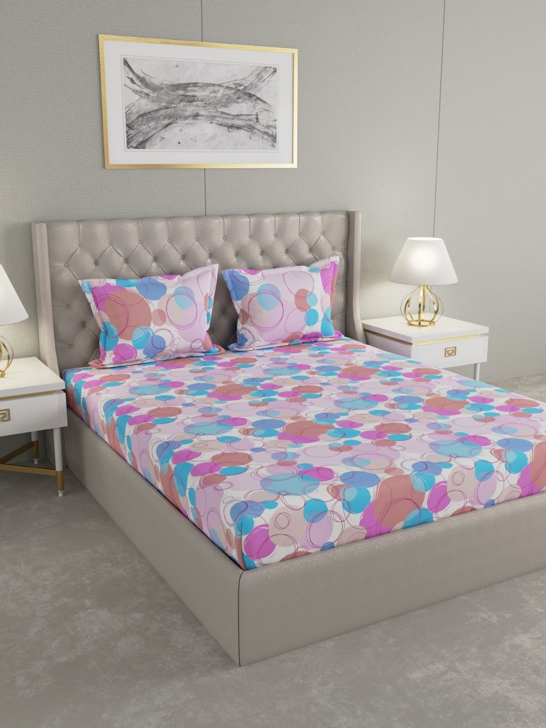 Raymond Home Lavender & Pink Graphic 120 TC Cotton 1 Queen Bedsheet with 2 Pillow Covers Price in India