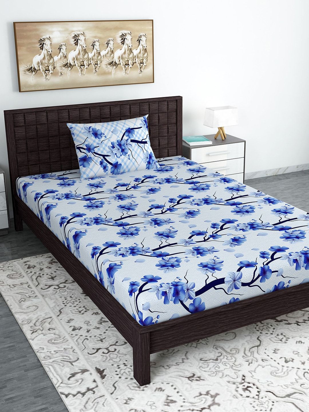 Divine Casa Blue & White Floral 144 TC Cotton 1 Single Bedsheet with 1 Pillow Covers Price in India
