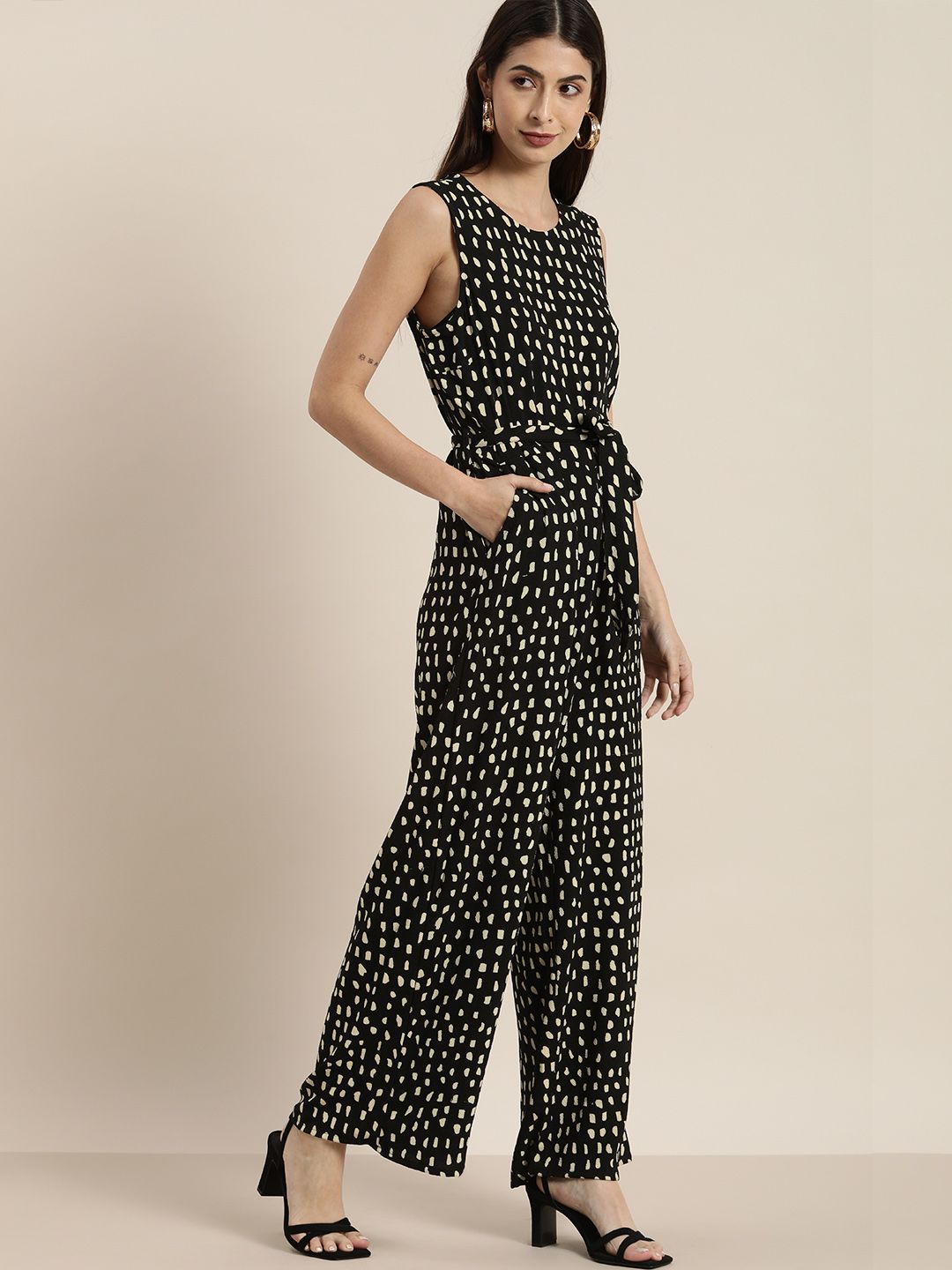 all about you Black & Off White Printed Basic Jumpsuit with Waist Tie-Up Belt Price in India